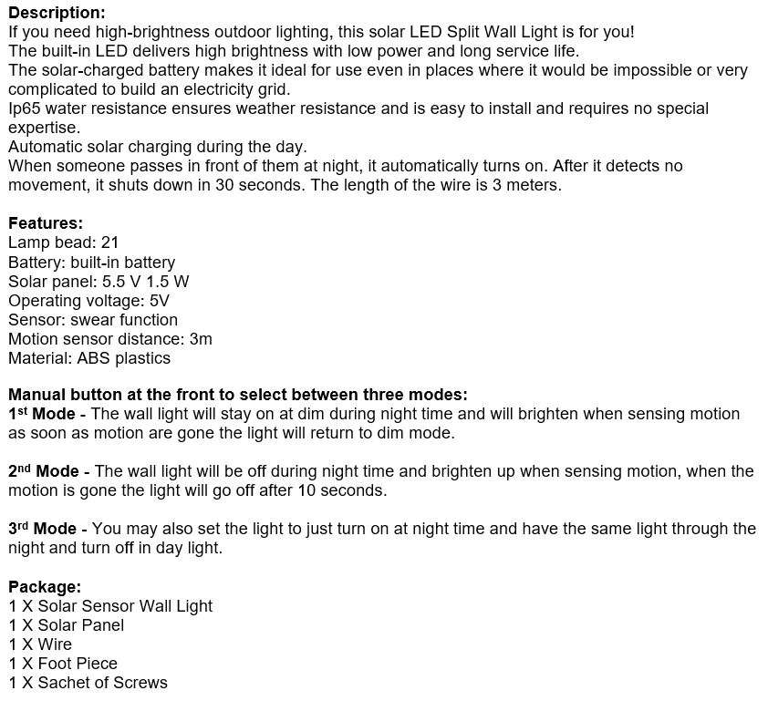 Super Bright Solar Split LED Wall Light, Build in Battery, 3 Selection Modes, Zero Electricity