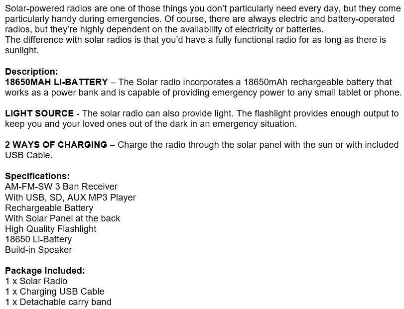 Rechargeable Bluetooth SOLAR AM-FM Radio with USB, SD, Aux MP3 Player, Flashlight, 18650mAh