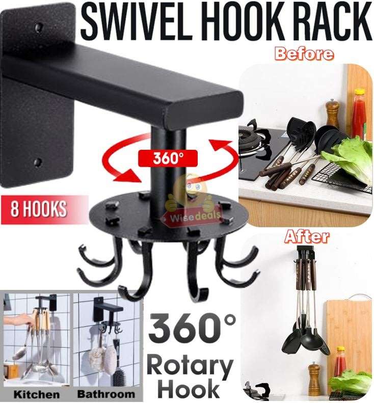 360° Rotating Aluminum Wall Mounted Hanging 8 Hook Set, Great Organizer and Space Saver