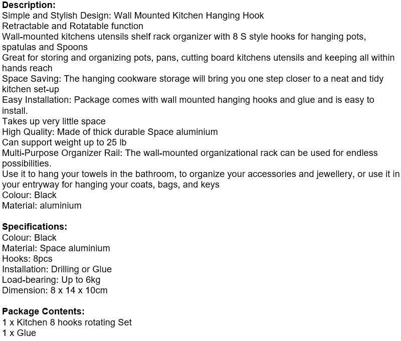 360° Rotating Aluminum Wall Mounted Hanging 8 Hook Set, Great Organizer and Space Saver