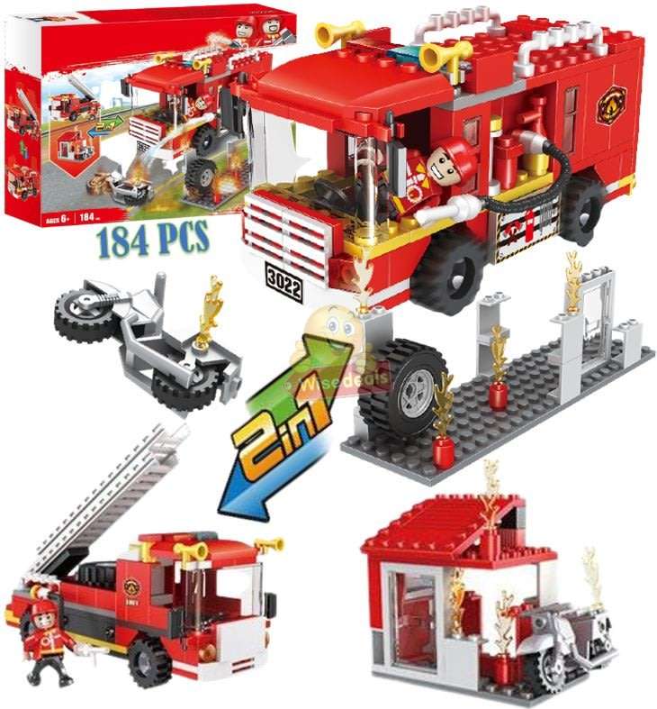 2 In 1 Fire Building Block Set, 184 Pieces with Movable Wheels, Compatible with Lego