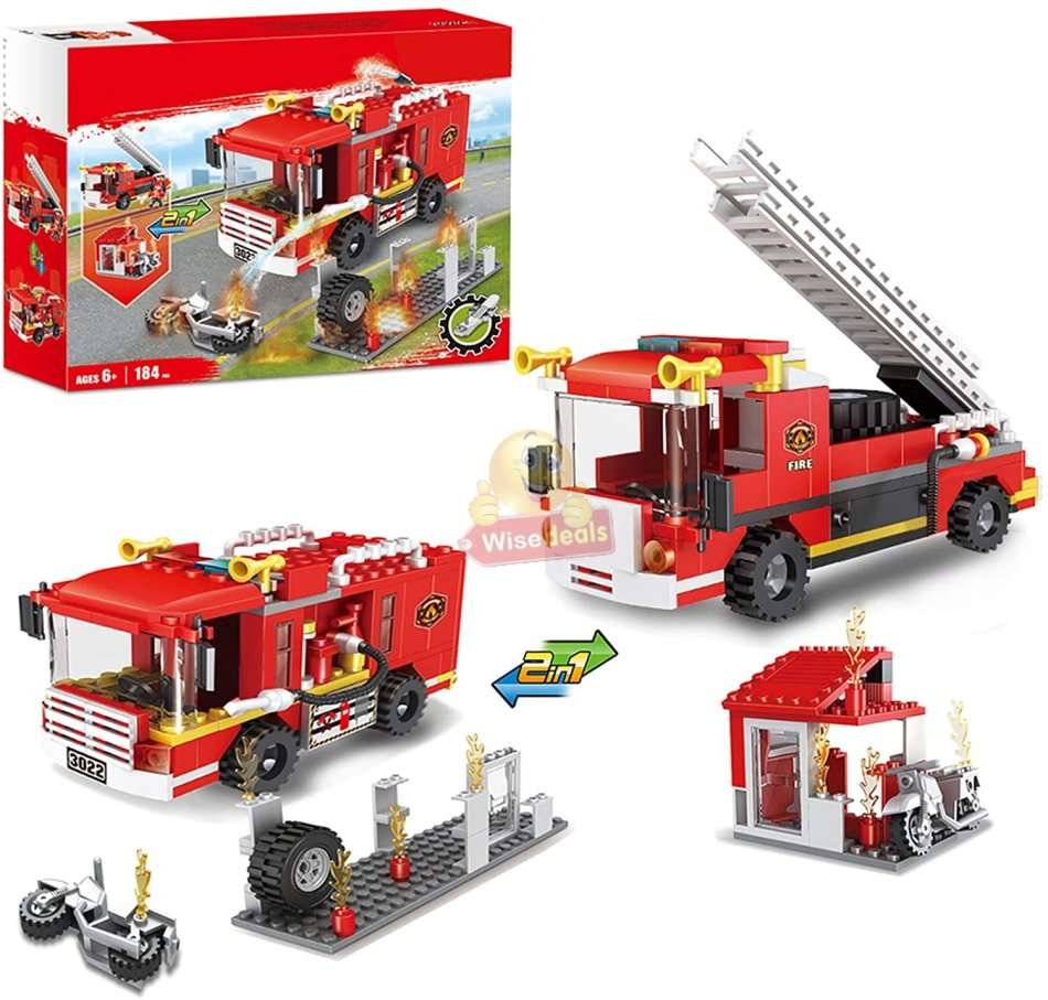 2 In 1 Fire Building Block Set, 184 Pieces with Movable Wheels, Compatible with Lego