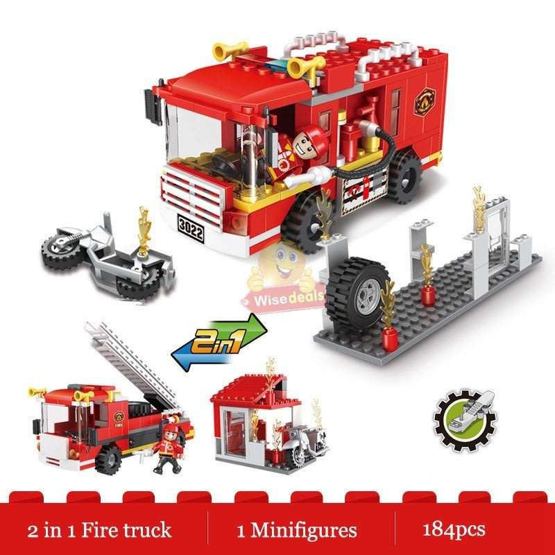 2 In 1 Fire Building Block Set, 184 Pieces with Movable Wheels, Compatible with Lego