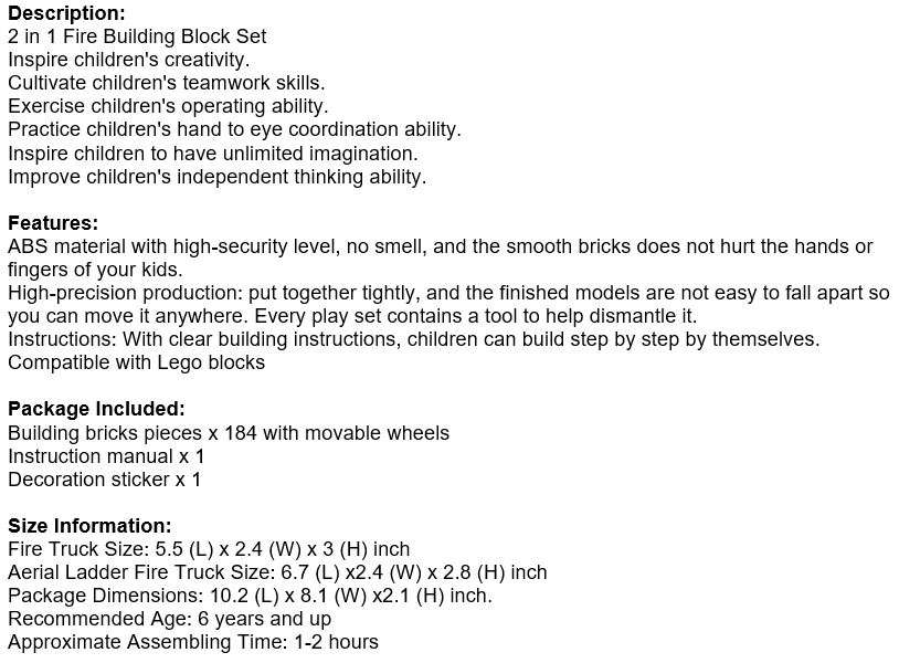 2 In 1 Fire Building Block Set, 184 Pieces with Movable Wheels, Compatible with Lego