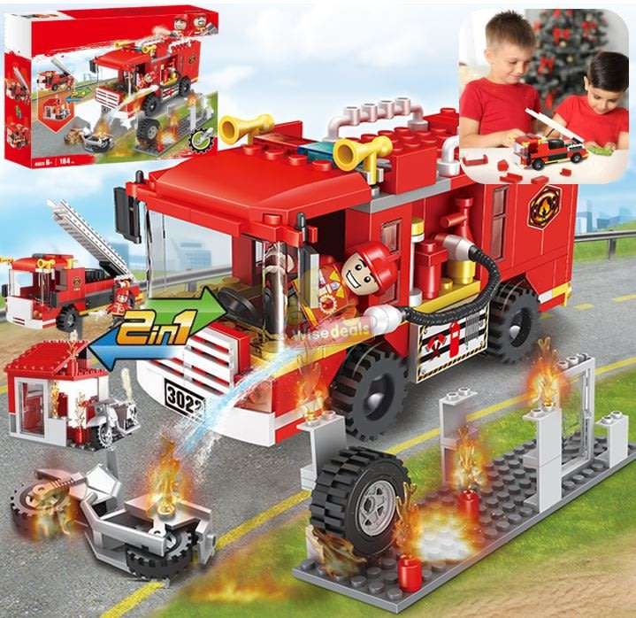 2 In 1 Fire Building Block Set, 184 Pieces with Movable Wheels, Compatible with Lego