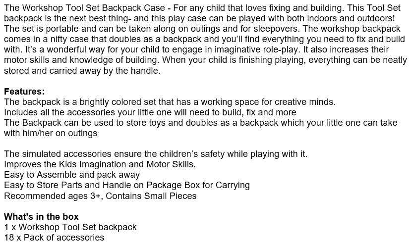 The Worker Tool Set Backpack for your Little one who loves to assist Dad with Fixing and Building