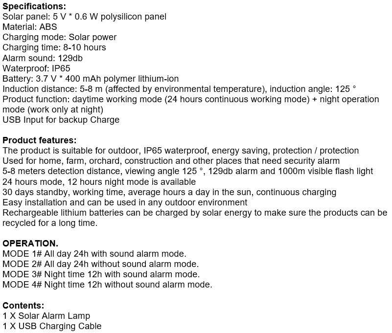 Waterproof Motion Sensor LED SOLAR LIGHT & ALARM- Your all-in-one Security Necessity PLUS USB Backup