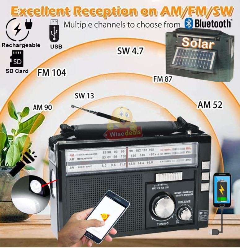 Rechargeable Bluetooth SOLAR AM-FM Radio with USB, SD, Aux MP3 Player, Flashlight, 18650mAh