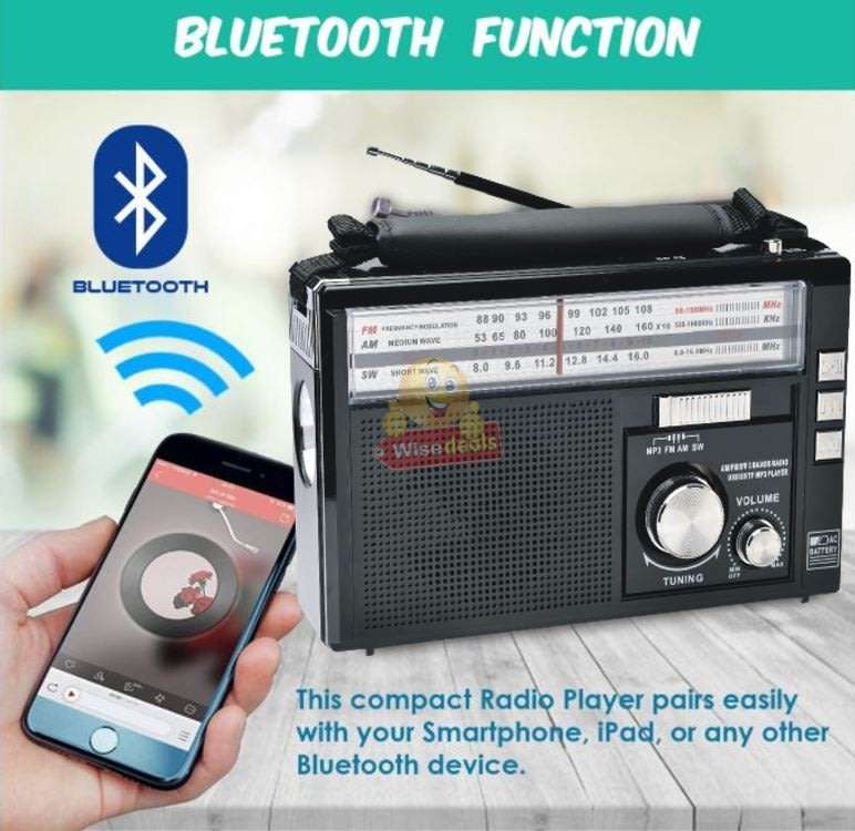 Rechargeable Bluetooth SOLAR AM-FM Radio with USB, SD, Aux MP3 Player, Flashlight, 18650mAh