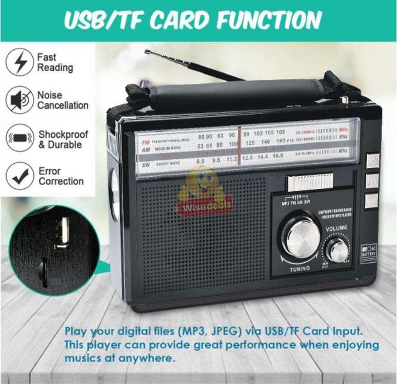 Rechargeable Bluetooth SOLAR AM-FM Radio with USB, SD, Aux MP3 Player, Flashlight, 18650mAh