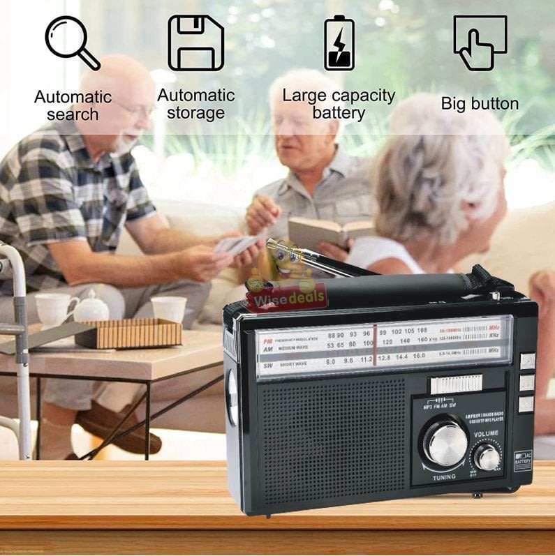 Rechargeable Bluetooth SOLAR AM-FM Radio with USB, SD, Aux MP3 Player, Flashlight, 18650mAh