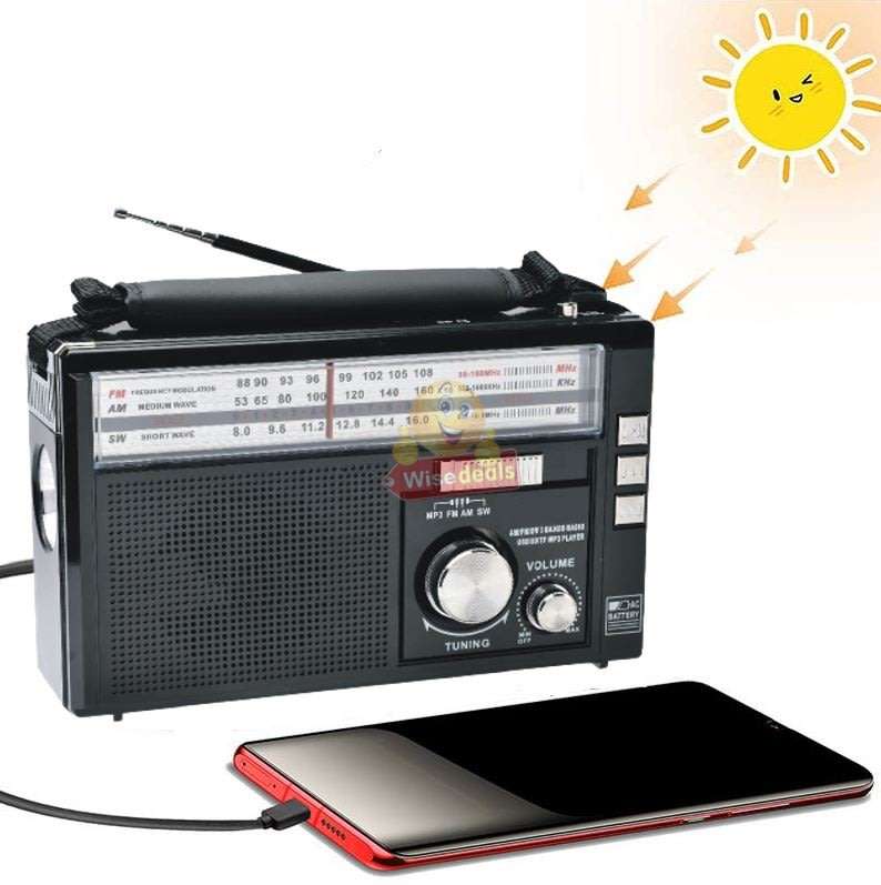 Rechargeable Bluetooth SOLAR AM-FM Radio with USB, SD, Aux MP3 Player, Flashlight, 18650mAh