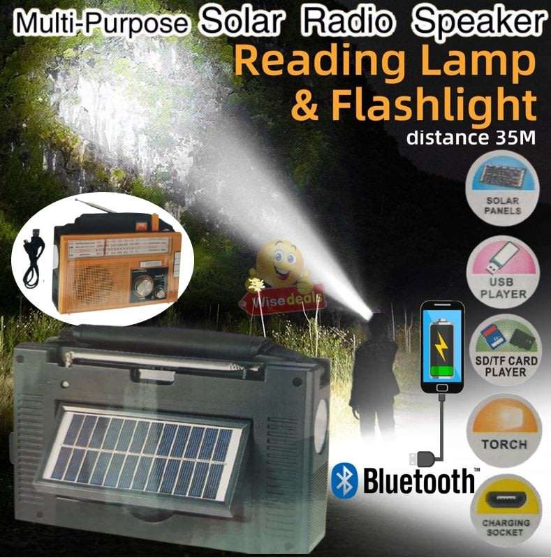 Rechargeable Bluetooth SOLAR AM-FM Radio with USB, SD, Aux MP3 Player, Flashlight, 18650mAh