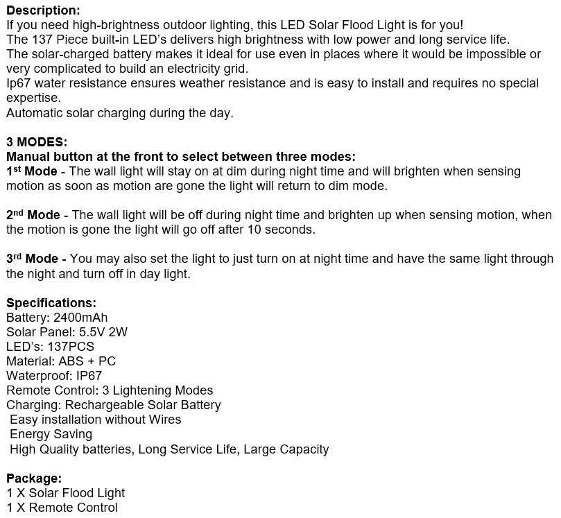 Super Bright 137 LED Solar Flood Light, 2400mAh Large Solar Rechargeable Battery, Waterproof etc