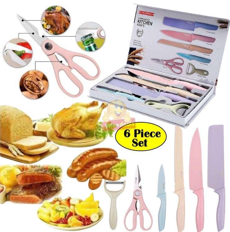 6Pcs Corrugated Kitchen Knife Set, Super Sharp, Durable Coating, Tarnish and Rust Resistant