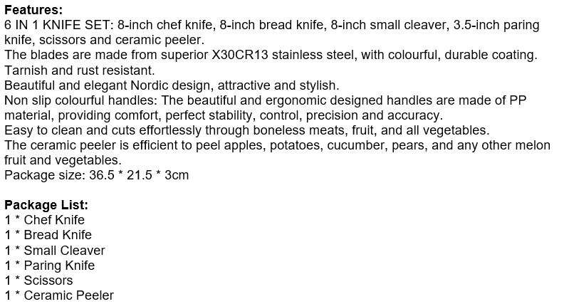 6 Pcs Corrugated Kitchen Knife Set, Super Sharp, Durable Coating, Tarnish and Rust Resistant