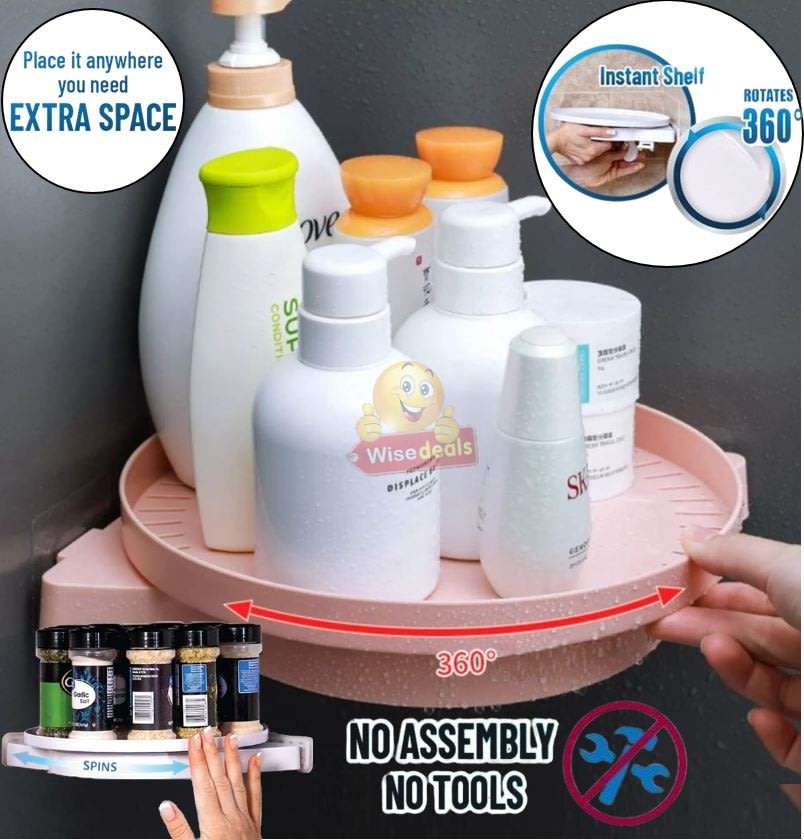 Instant 360° Rotating Shelf with Gripology Suction System, Space Saver, No Tools, No Assembly