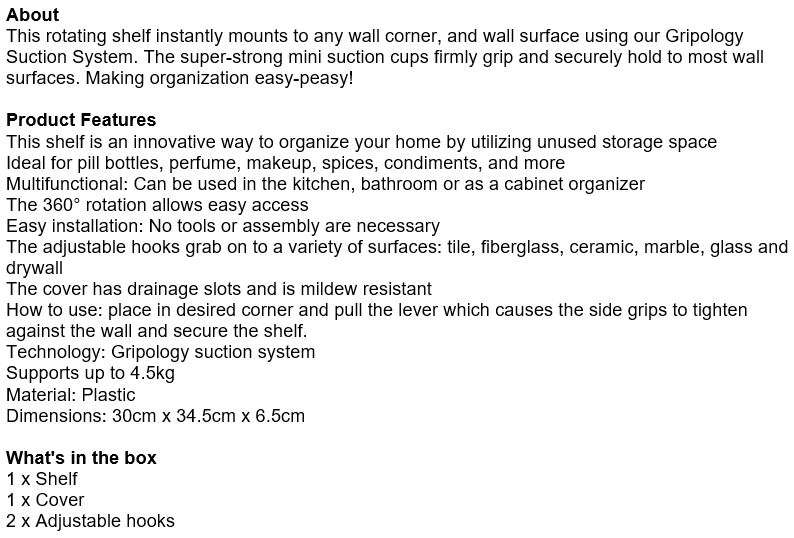 Instant 360° Rotating Shelf with Gripology Suction System, Space Saver, No Tools, No Assembly