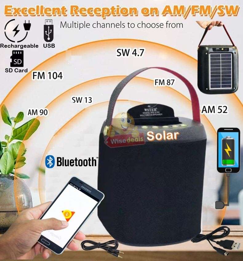 Wireless Bluetooth SOLAR Radio Speaker with Build-In Mic, Support SD Card, USB, AUX