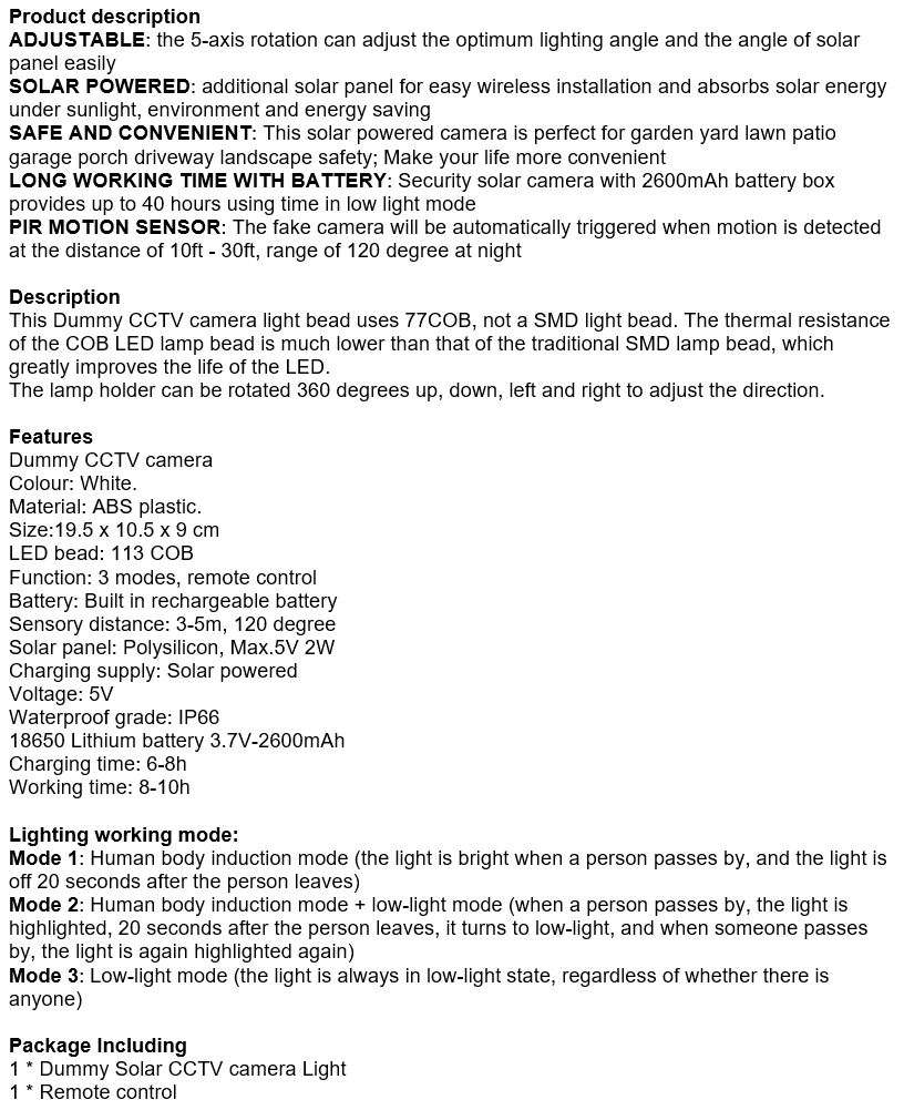 77 COB Solar Motion Sensor Flood Light with, 3 Setting Modes, Waterproof, Rechargeable battery etc.