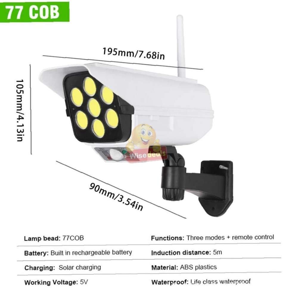 77 COB Solar Motion Sensor Flood Light with, 3 Setting Modes, Waterproof, Rechargeable battery etc.