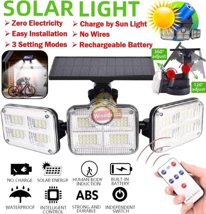 30W Super Bright Solar Flood Light, 3 adjustable heads, 3 modes, 2600mAH battery, Remote Control etc