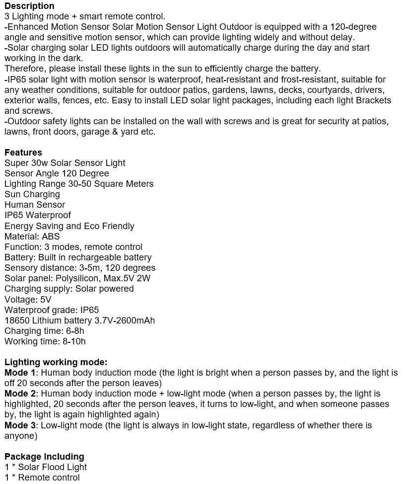 30W Super Bright Solar Flood Light, 3 adjustable heads, 3 modes, 2600mAH battery, Remote Control etc