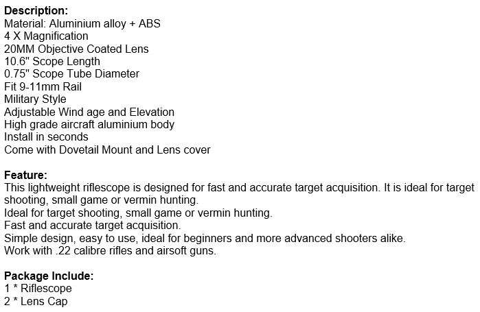 4 X 20 Rifle Scope  Fast and Accurate for Target Shooting, Small game or Vermin Hunting