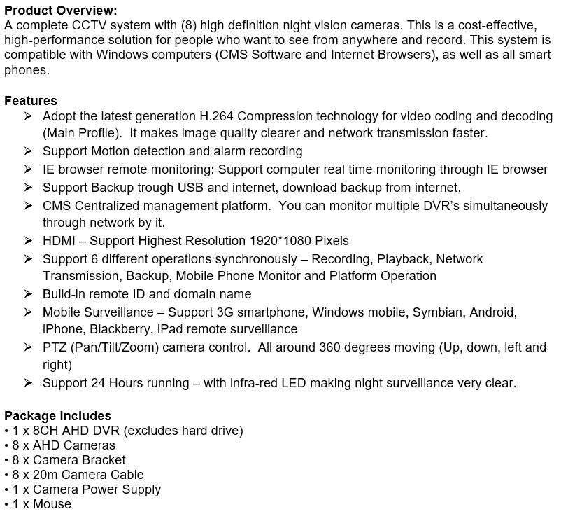 AHD 5MP CCTV Surveillance 8 Channel CCTV Camera Kit Waterproof with WIFI & 3G Viewing