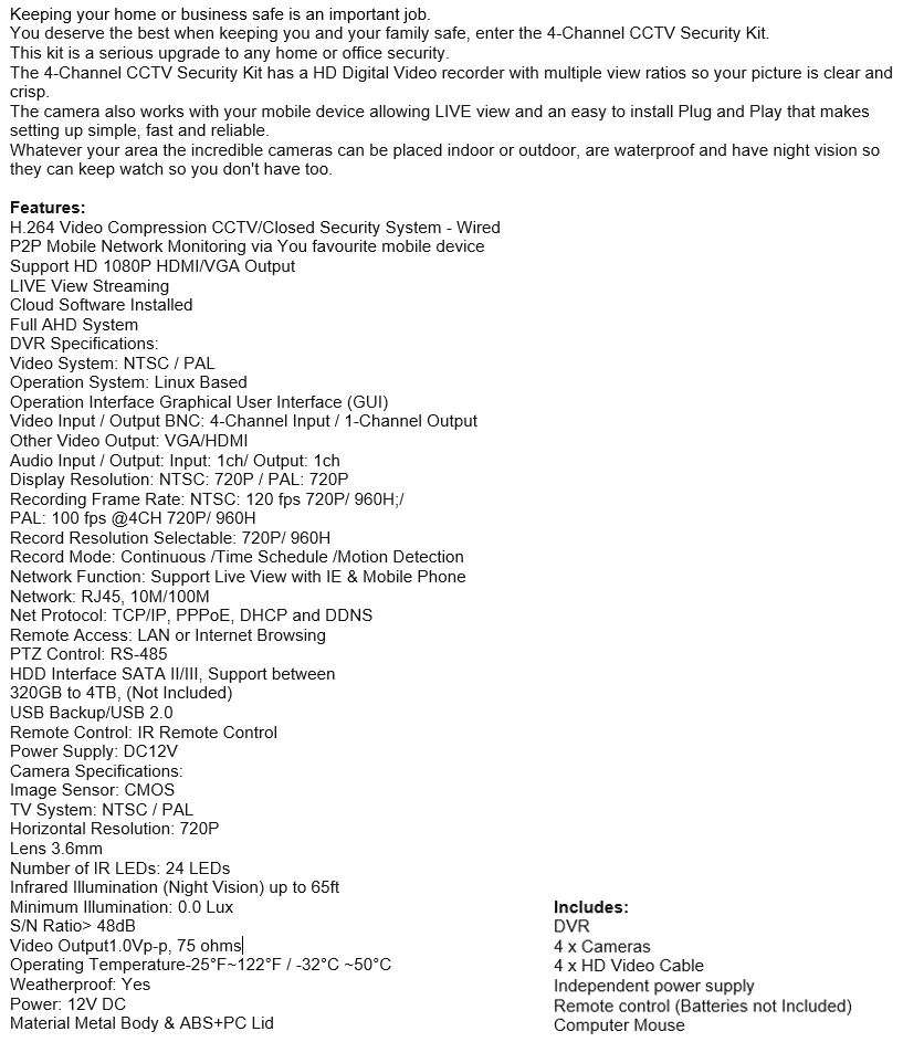 AHD 5MP CCTV Surveillance 4 Channel CCTV Camera Kit Waterproof with WIFI & 3G Viewing