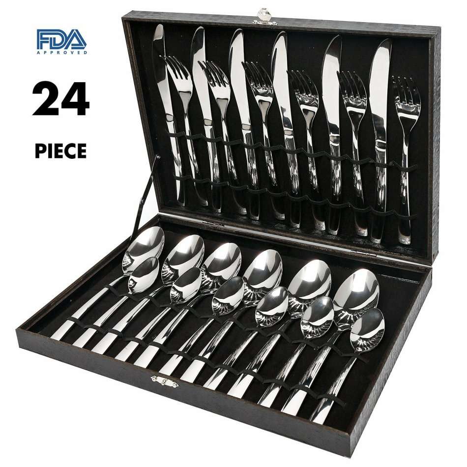 24 Piece Stainless Steel Cutlery Set in Wooden Case