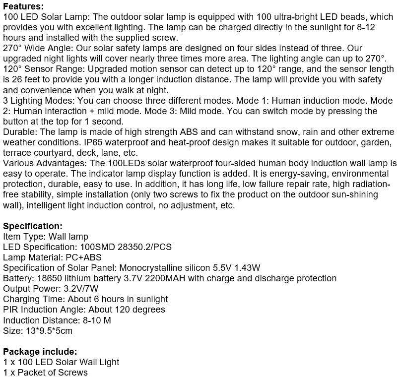 Super Bright 100 LED Solar Sensor Wall Light with 3 Setting Modes