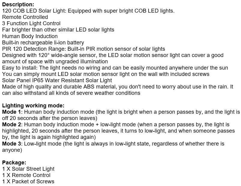 Super Bright 100 LED Solar Sensor Wall Light with 3 Setting Modes