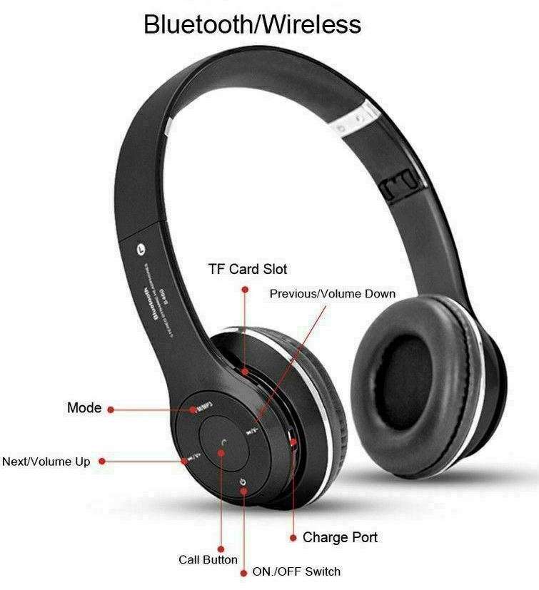 Foldable Wireless Bluetooth Headphones with SD Card function, FM Radio, Song Switching, phone answer