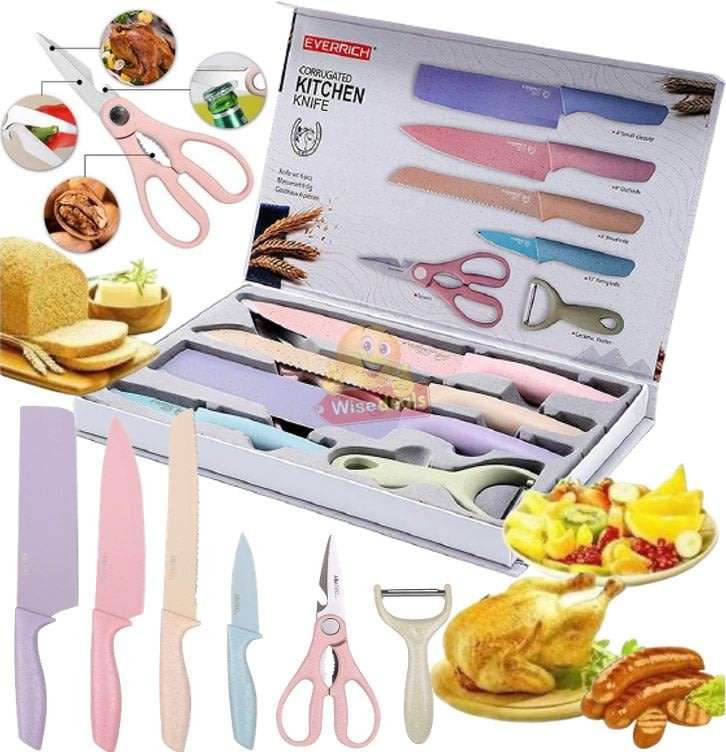 6 Pcs Corrugated Kitchen Knife Set, Super Sharp, Durable Coating, Tarnish and Rust Resistant