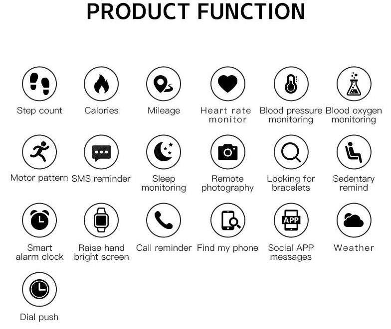 Bluetooth Fitness Smart Watch - Monitor Heart Rate, Blood Pressure, Blood Oxygen, Calorie, Distance