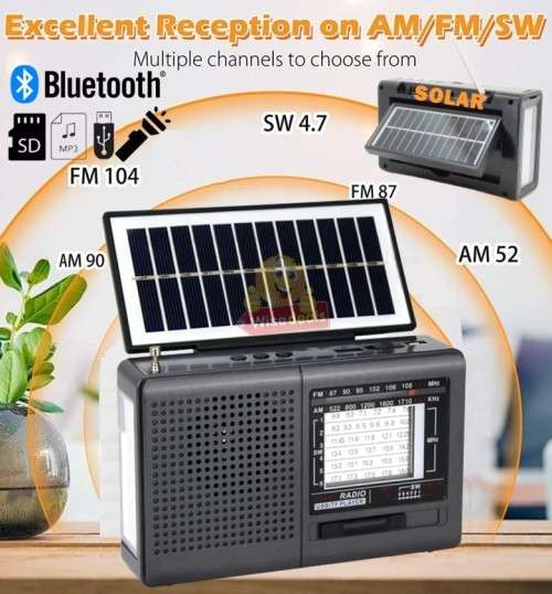 Rechargeable Bluetooth SOLAR AM-FM Radio with USB, SD, MP3 Player, High Quality Flashlight, 18650mAh