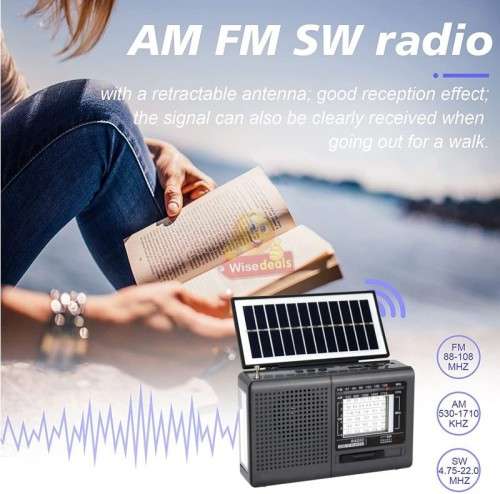 Rechargeable Bluetooth SOLAR AM-FM Radio with USB, SD, MP3 Player, High Quality Flashlight, 18650mAh