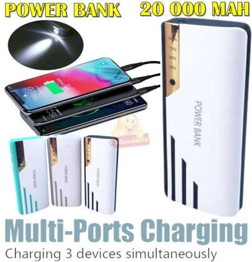 20 000mAh Power Bank With 3 USB Ports and Flashlight, Fast Charge, Portable and Convenient