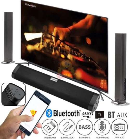 Wireless Bluetooth Soundbar with amazing bass, crisp and clean sound, support TF, FM, USB, BT TWS