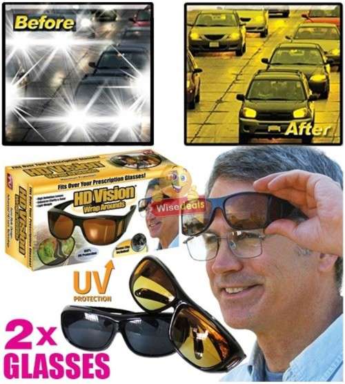 2 PIECE HD Vision Sunglasses - Fits over normal glasses, 1 for Night and 1 Day