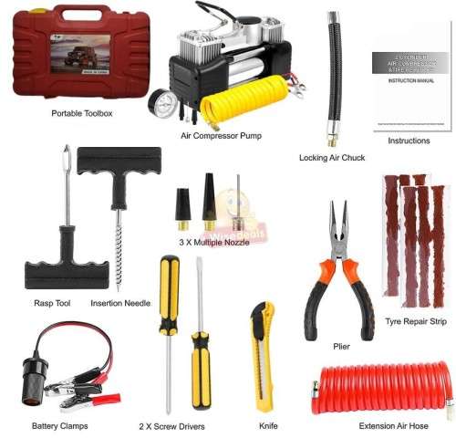 Air Compressor Kit with Pressure Gauge in Portable Case with lots of accessories