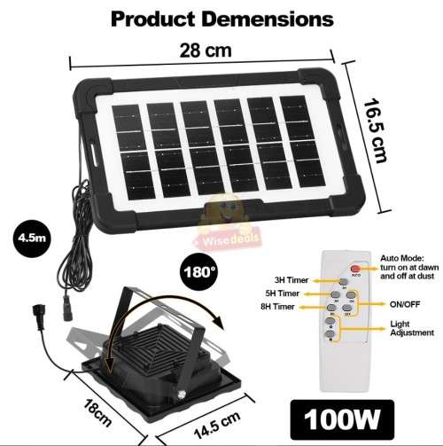100W LED SOLAR FLOOD LIGHT WITH SOLAR PANEL, 4.5M CABLE AND REMOTE CONTROL- START AT R1 ONLY