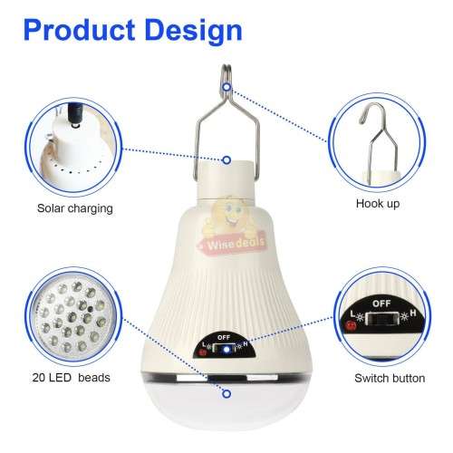 20 LED SOLAR Light Bulb with SOLAR Panel and Extension Wire with 2 Setting Modes