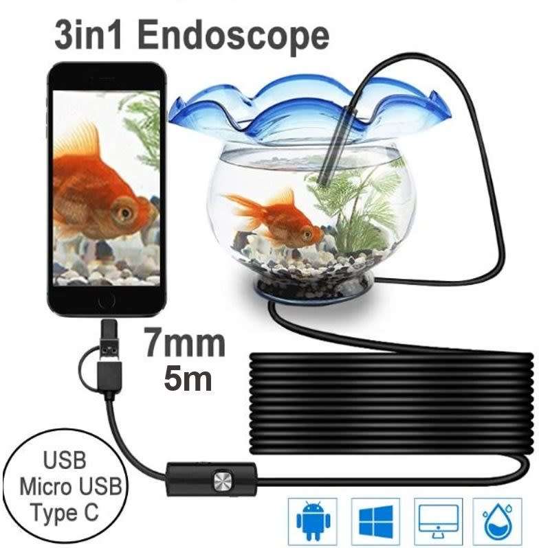 3-in-1 Endoscope Camera with 6 Bright LED Lights, 5m Length