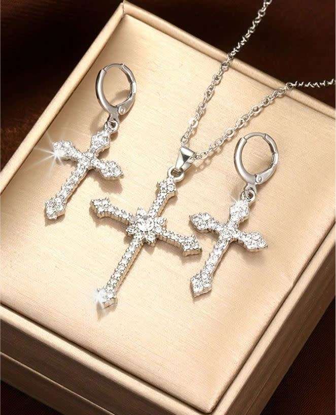 3 Piece Silver Cross Shaped Rhinestone Earrings and Necklace Set in a Complimentary Gift Box