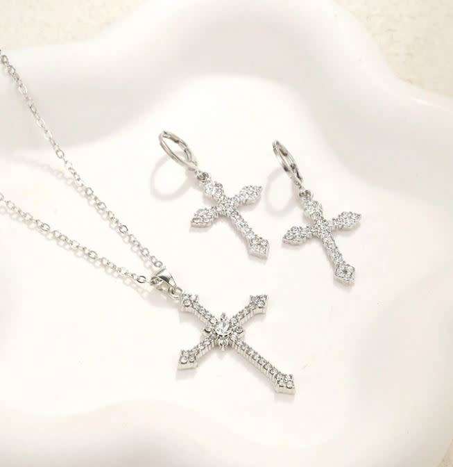 3 Piece Silver Cross Shaped Rhinestone Earrings and Necklace Set in a Complimentary Gift Box