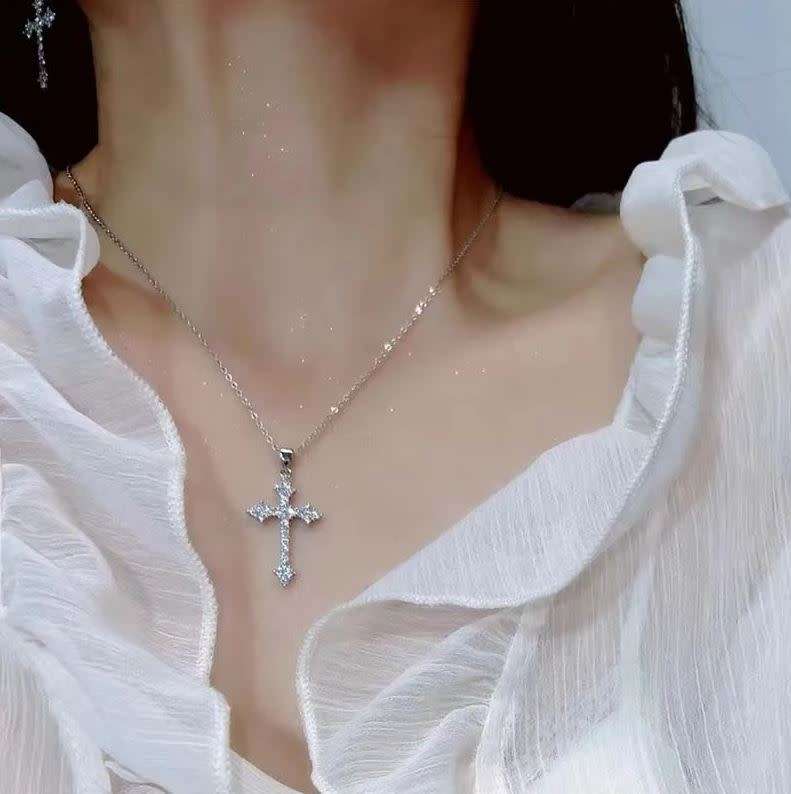 3 Piece Silver Cross Shaped Rhinestone Earrings and Necklace Set in a Complimentary Gift Box