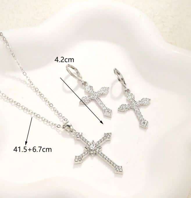 3 Piece Silver Cross Shaped Rhinestone Earrings and Necklace Set in a Complimentary Gift Box