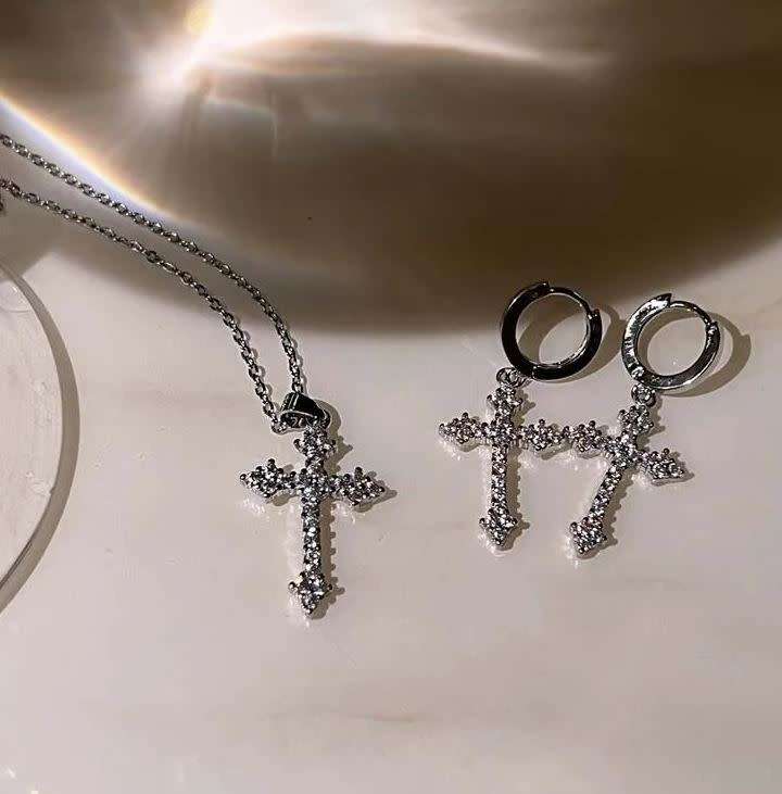 3 Piece Silver Cross Shaped Rhinestone Earrings and Necklace Set in a Complimentary Gift Box